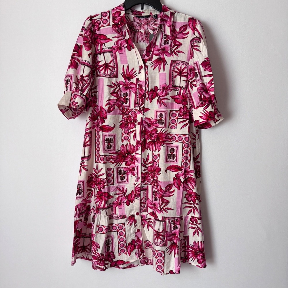 Mlle Gabrielle Shirtdress Tropical Floral Women Medium Pink Tiered Button Front